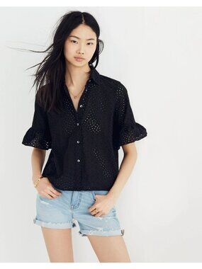 Madewell Black V Neck Button Front Eyelet Short Sleeve Blouse M